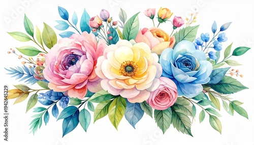 A watercolor floral bouquet illustration set featuring multiple bouquets and botanical elements.