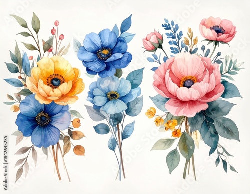 A watercolor floral bouquet illustration set featuring multiple bouquets and botanical elements.