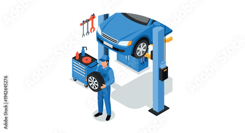 Isometric car maintenance scene with mechanic and auto lift in garage setting
