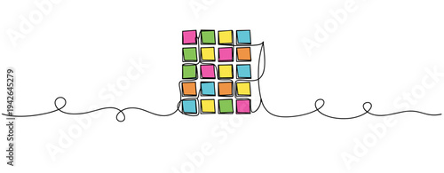 Multicolored puzzle cube depicted in continuous line on white
