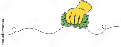 Gloved hand scrubbing with sponge on white continuous line background