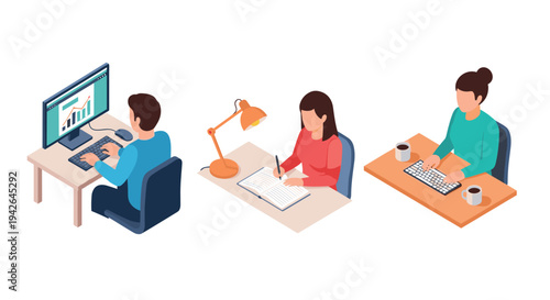 Isometric office workers at desks with computers and notebooks