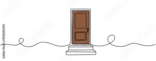 Wooden door standing closed on stoop in white background