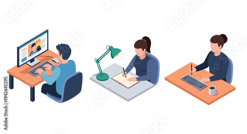 Isometric office workspace: remote work and productivity concepts