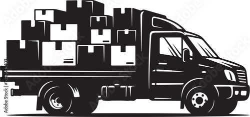 Black truck loaded with boxes on white background illustration