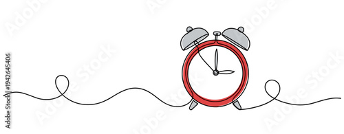 Red alarm clock placed on looping line in white background