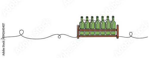 Green bottles arranged on wooden rack in white backdrop