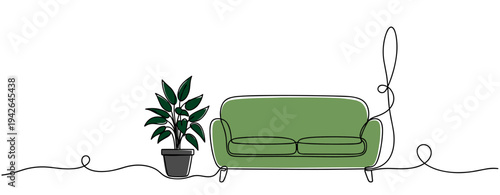 Green sofa beside potted plant on white background line