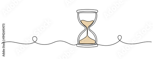 Hourglass with sand flowing on continuous line white background