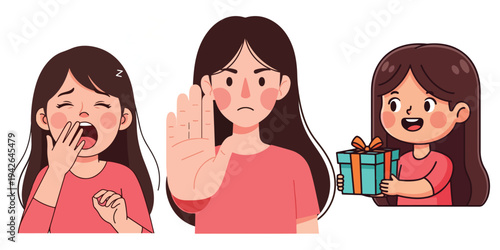 Woman refusing a gift and yawning in frustration, tired woman with a gift