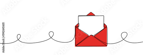 Red envelope holding letter on wavy line white background