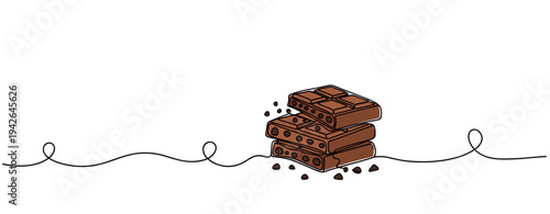 Stack of chocolate bars broken with crumbs on white background