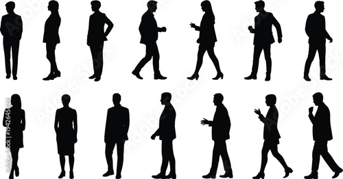 Business people silhouettes set featuring men and women walking standing and talking isolated vector collection for corporate presentation design