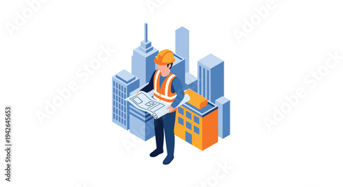 Isometric architect planning in urban cityscape setting