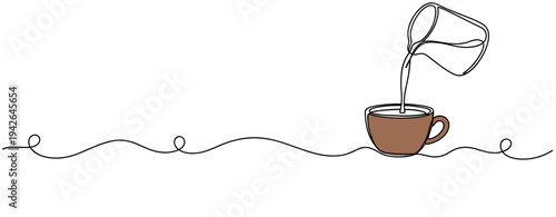 Coffee cup being filled from pitcher in simple line drawing