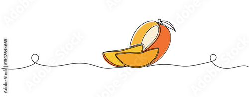 Sliced mango pieces resting on white continuous line background