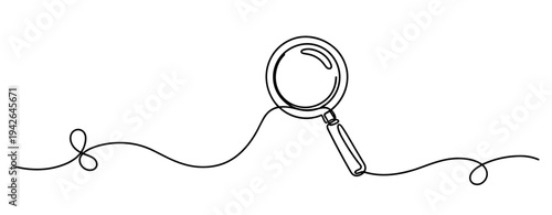 Magnifying glass tilted on continuous line over white