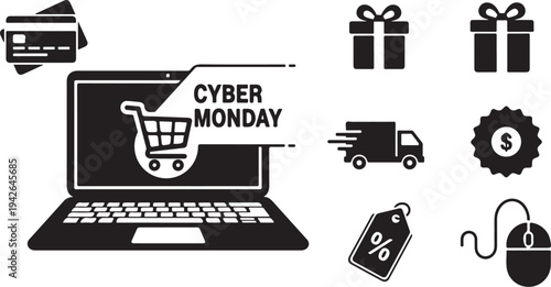 Cyber Monday shopping icons and laptop on white background