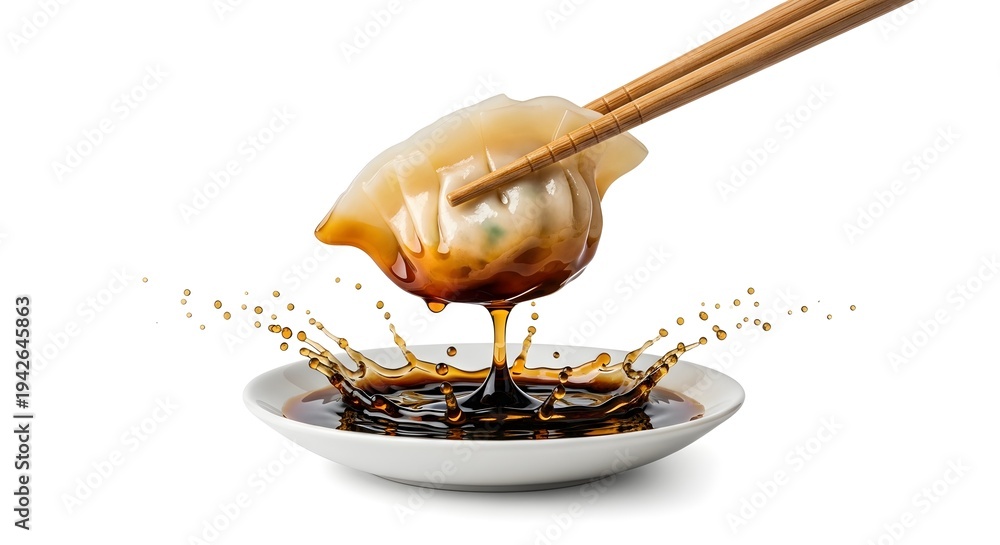 Fototapeta premium A delicious dumpling held by chopsticks drips soy sauce into a small dish creating a splash on a white background