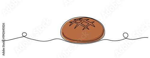 Round bread loaf placed on continuous line over white background
