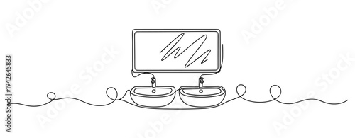 Double sink with mirror mounted above in continuous line art