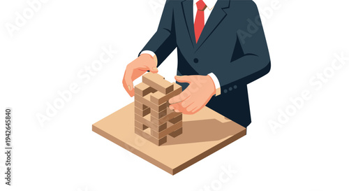 Business strategy concept with man building a wooden block tower