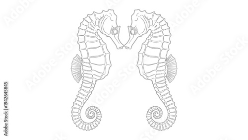 Seahorse Duo: Two delicate seahorses, their intricate forms intertwined, facing each other in a graceful pose, showcasing the elegance of marine life.