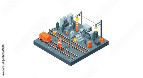 Isometric railway construction scene with worker and equipment