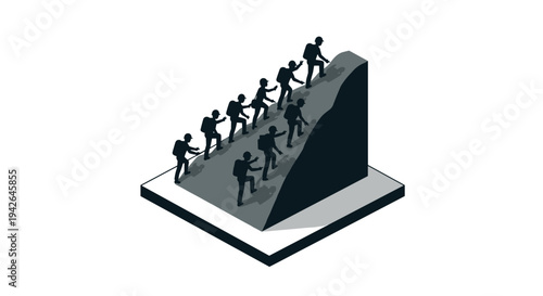 Isometric team climbing a mountain, symbolizing success and collaboration