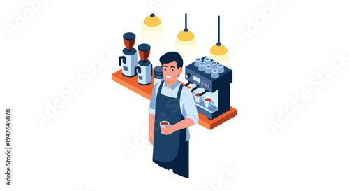 Barista preparing coffee with espresso machine in modern cafe setting