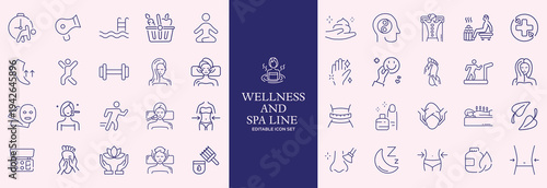 Wellness and Spa Line Editable Icons set. Vector illustration in modern thin line style of components of a healthy lifestyle, face , recreation. Pictograms and infographics