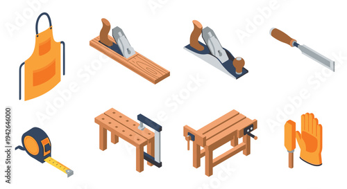 Essential carpentry tools isometric set with apron, gloves, and more for woodworking projects