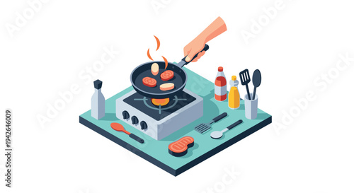 Isometric cooking scene with frying pan on stove and kitchen utensils