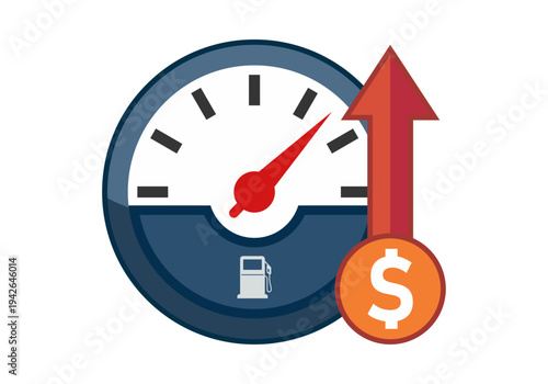 Medidor de combustible con aguja en rojo y flecha ascendente con símbolo de dólar que representa el aumento del precio de la gasolina