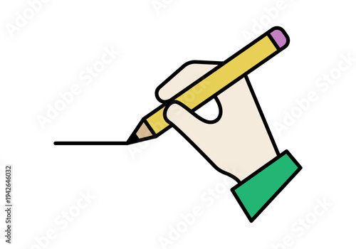 Mano sosteniendo un lápiz amarillo dibujando una línea sobre un fondo blanco