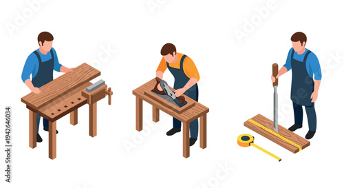 Isometric workshop: carpentry craft with skilled workers using tools at benches