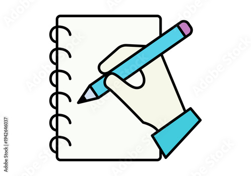 Mano escribiendo con un lápiz azul en una libreta de espiral para tomar notas