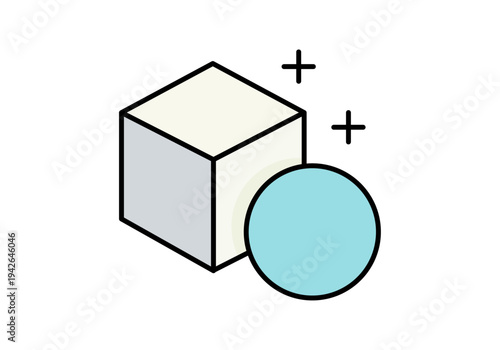Cubo isométrico junto a un círculo celeste con símbolos de suma para concepto de adición
