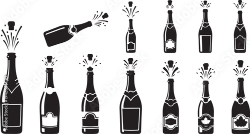 Black and white champagne bottles celebration icons set