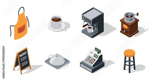 Isometric cafe setup with coffee equipment and accessories on white background