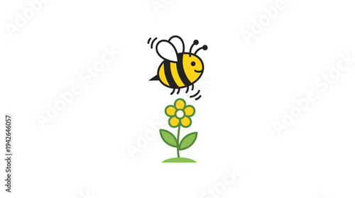 Cute cartoon bumblebee flying over a yellow flower illustration