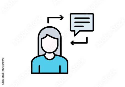 Mujer con icono de burbuja de diálogo representando comunicación y retroalimentación