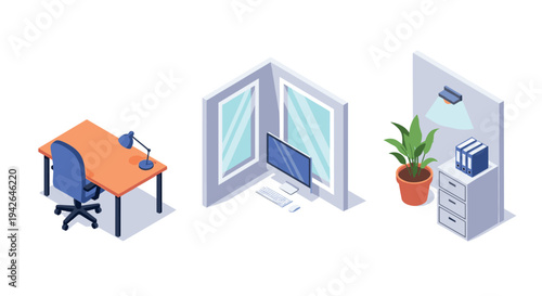 Isometric office setup with desk, computer, and plant