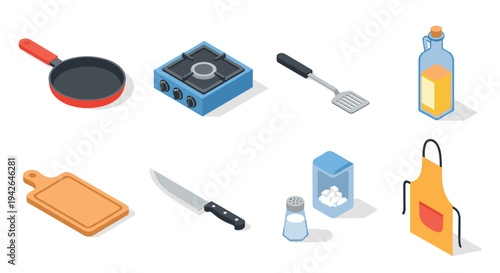 Isometric kitchen tools set: frying pan, stove, knife, cutting board, apron