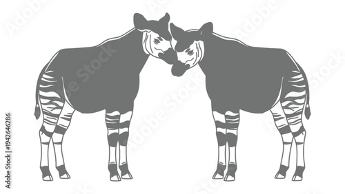 Two Okapi Together: A minimalist illustration of two okapis, standing close together. The simple graphic emphasizes the unique stripes and form of these rare creatures.