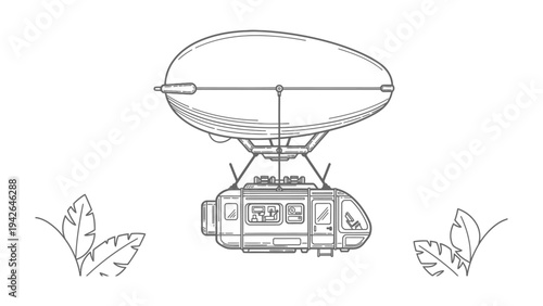 Blimp carrying a Gondola: A vintage-style blimp with a passenger gondola suspended beneath it, floats gracefully above stylized foliage. An illustration of an airship.