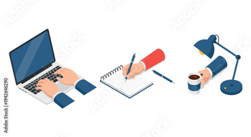 Isometric office setup with hands typing, writing, and holding coffee