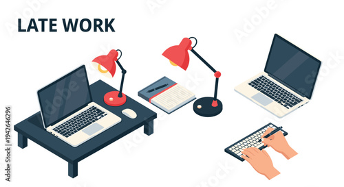 Isometric late night work setup with laptops and red lamps