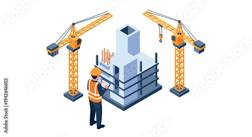 Modern isometric construction site with cranes and worker in safety gear