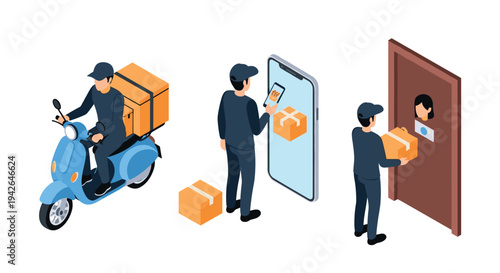 Efficient isometric delivery service with courier, smartphone, and contactless door drop